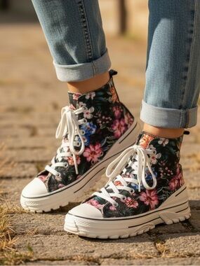 WISHBONE (6) Collection Floral High-Top Canvas Sneakers Black Pink Platform - 6